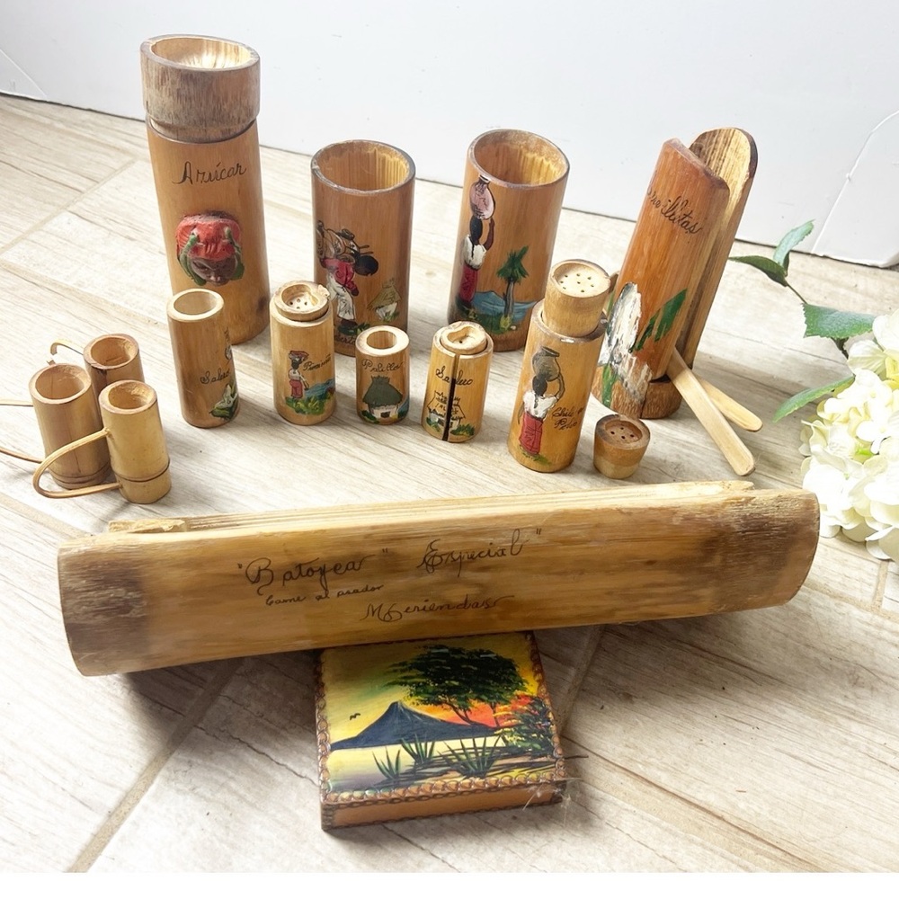 SOLD -Unique Vintage Guatemalan 1975 Hand-Carved, Hand Painted Bamboo Set